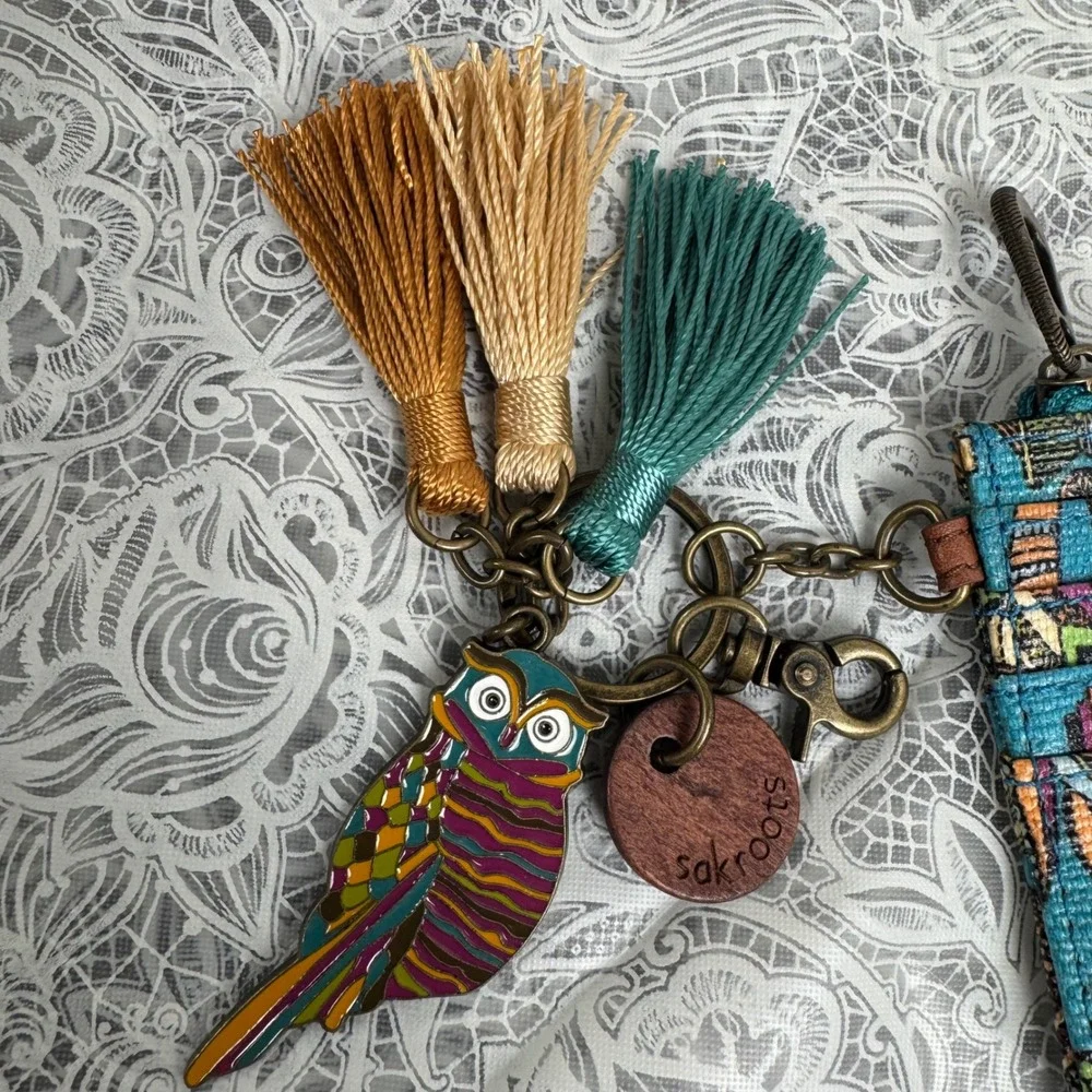 Sakroots Artist Circle ID Lanyard Wallet Teal Floral Owl Charm Tassel Boho